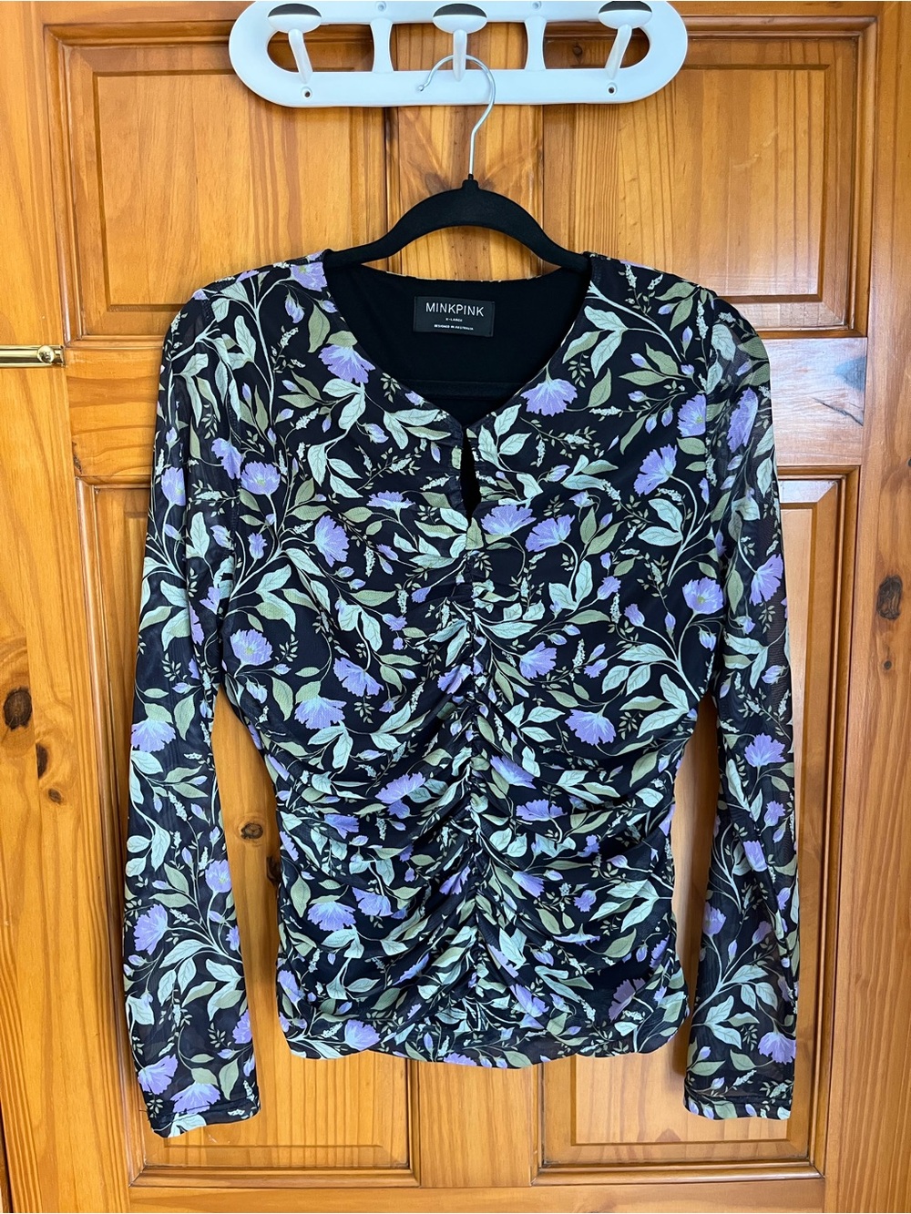 MINKPINK Black Floral Ruched Long Sleeve Top with Lavender Flowers